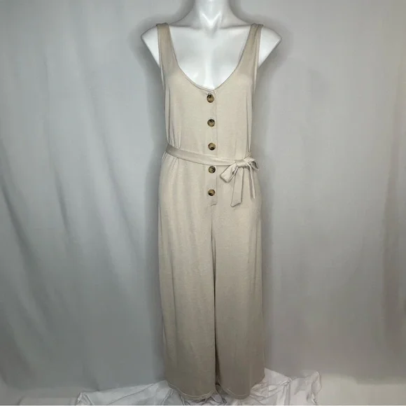 Bershka Beige Button Down Jumpsuit with Tie Waist, Medium - Picture 5 of 16
